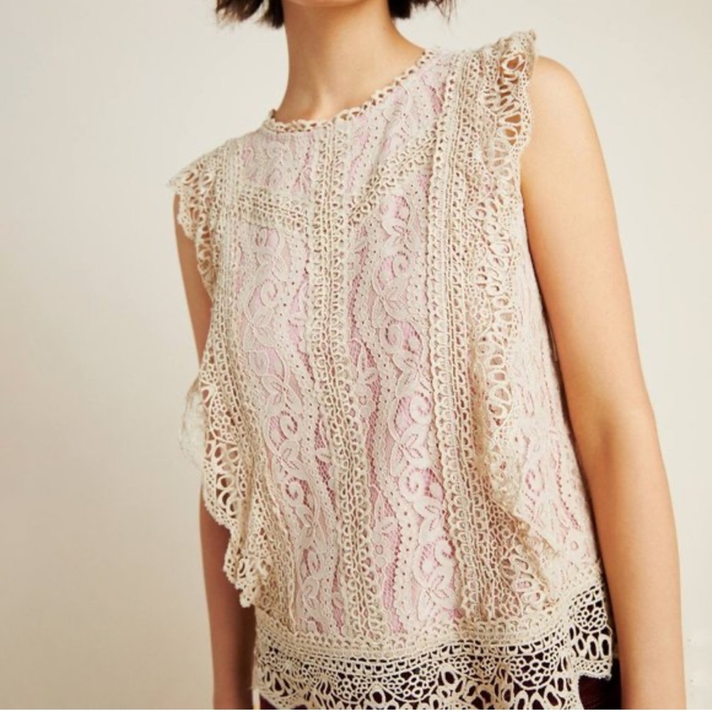 Anthropologie Eri + Ali SYDNEY Lace Pink and Beige Blouse Size XS